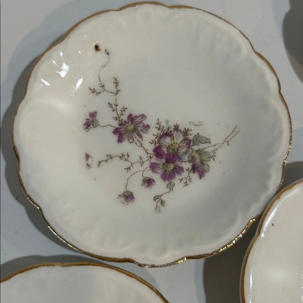Antique L.S.&S. Carlsbad Austria Hand Painted Floral Plates Set  7 Gold Trim 3.5